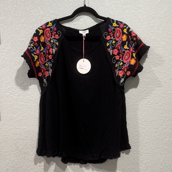 Umgee Tops - UMGEE Black Top with Floral Embroidered Sleeves